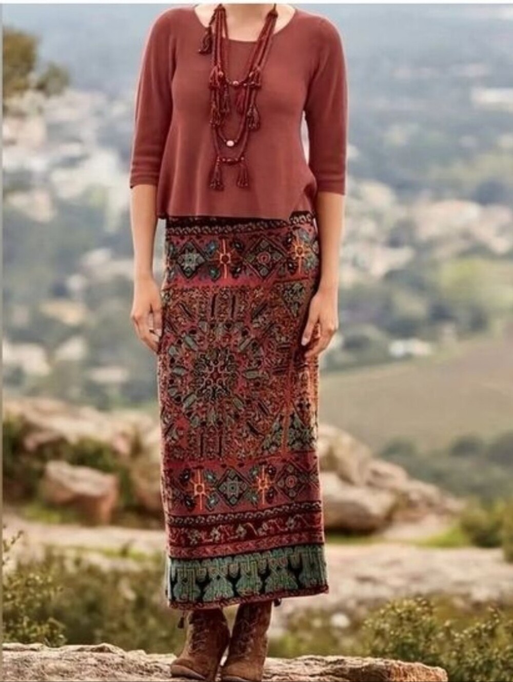 Boho Ethnic Style Elastic Waist Brown Multi Color Maxi Skirt Size XL NWT